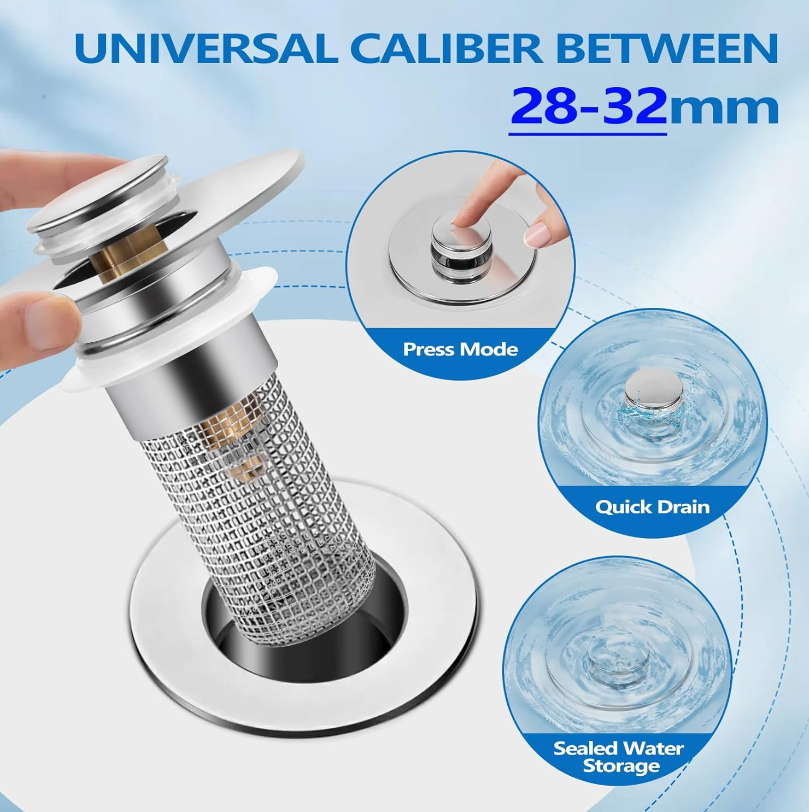 Bathroom Sink Drain Strainer for 1.1-1.29 Inch, Pop Up Bathroom Sink Stopper Hair Catcher with Stainless Steel Filter Basket, for US Bathroom Sink Drain Stopper Basin Drain Filter Replacement-1pcs