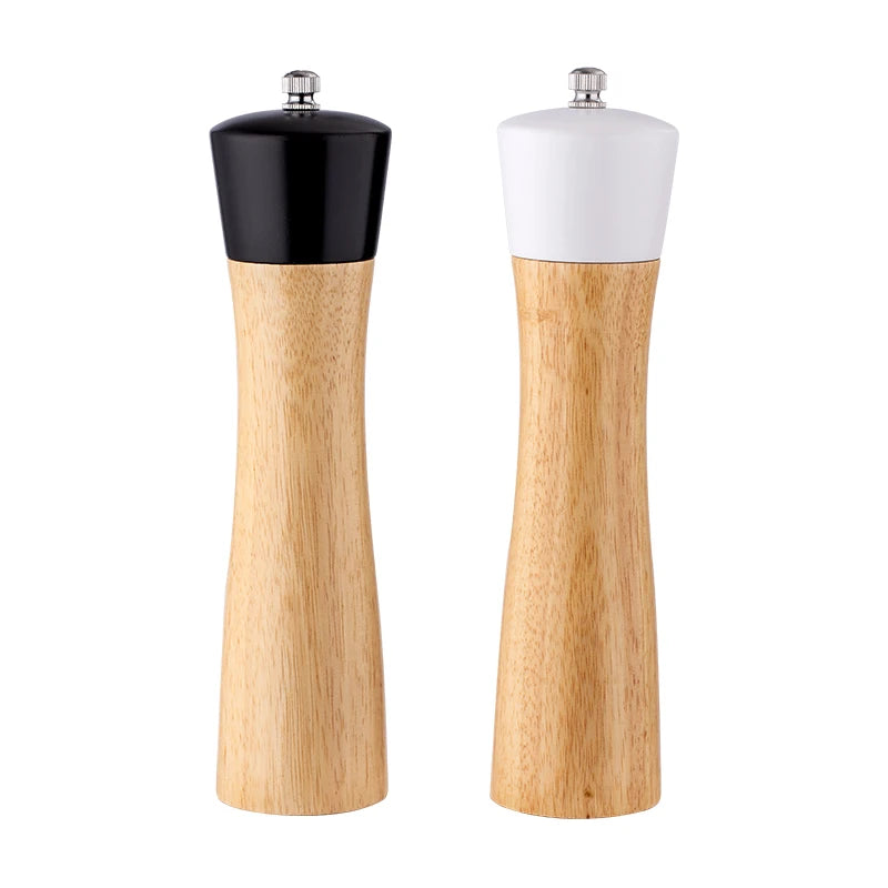 Salt and Pepper Mill and Spoon Set, oak Wood Kitchen Condiment Grinders, Ceramic Grinder