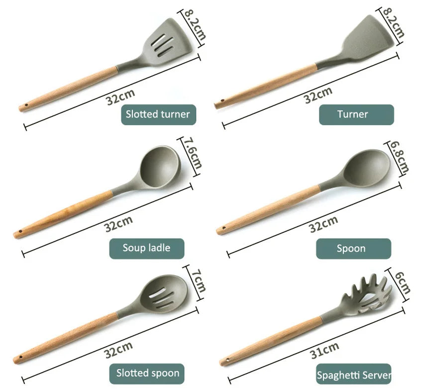 Silicone Cooking Utensils Wooden Handle Non-Stick Spatula Spoon Turner Soup Ladle Whisk Kitchen Cooking Tools Gadget