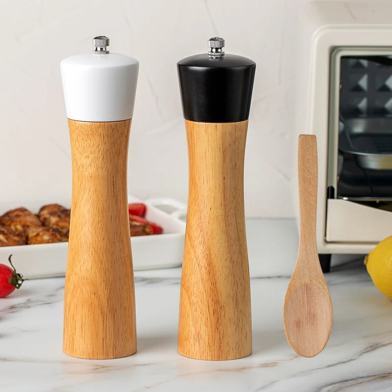 Salt and Pepper Mill and Spoon Set, oak Wood Kitchen Condiment Grinders, Ceramic Grinder