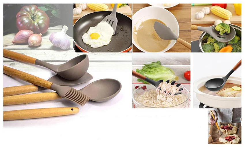 Silicone Cooking Utensils Wooden Handle Non-Stick Spatula Spoon Turner Soup Ladle Whisk Kitchen Cooking Tools Gadget