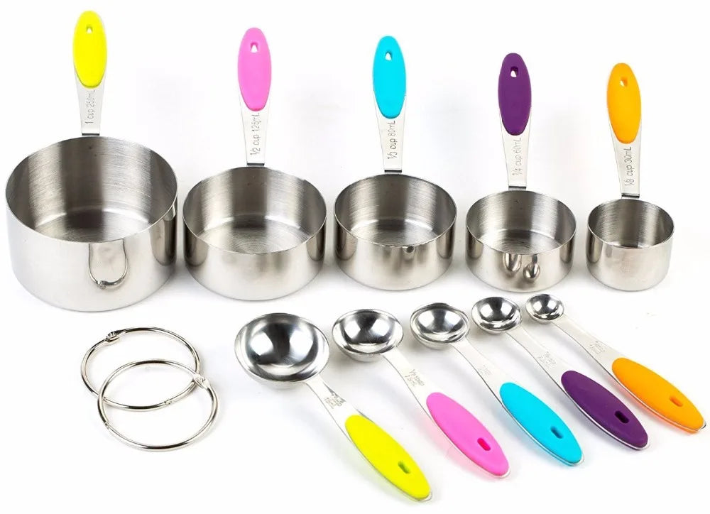 2019 Stainless Steel Measuring Cups and Spoons Stackable Set, Professional Metal Cookware Tools to Measure Liquid and Dry