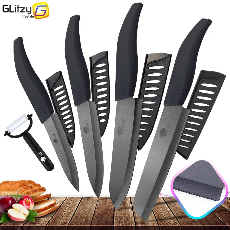 Ceramic Knives Complete Kitchen Unit 3 4 5 6 Inch Utility Fruit Slicing Peeler with Sheath Black Zirconia Blade Bread Chef Knife