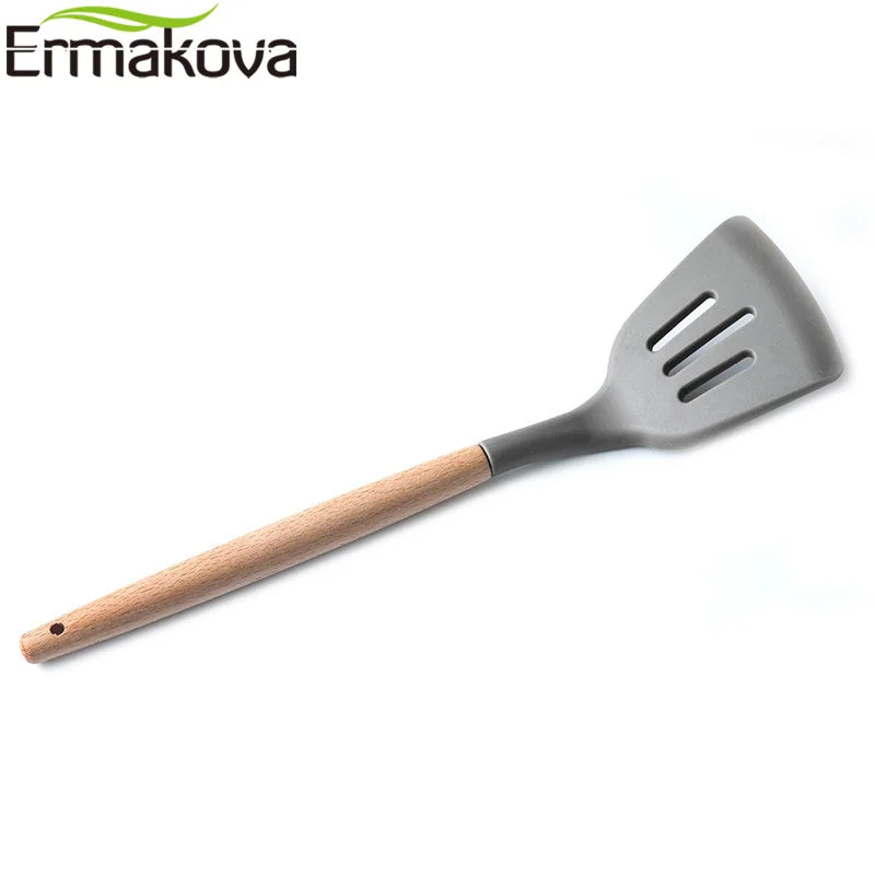 Silicone Cooking Utensils Wooden Handle Non-Stick Spatula Spoon Turner Soup Ladle Whisk Kitchen Cooking Tools Gadget