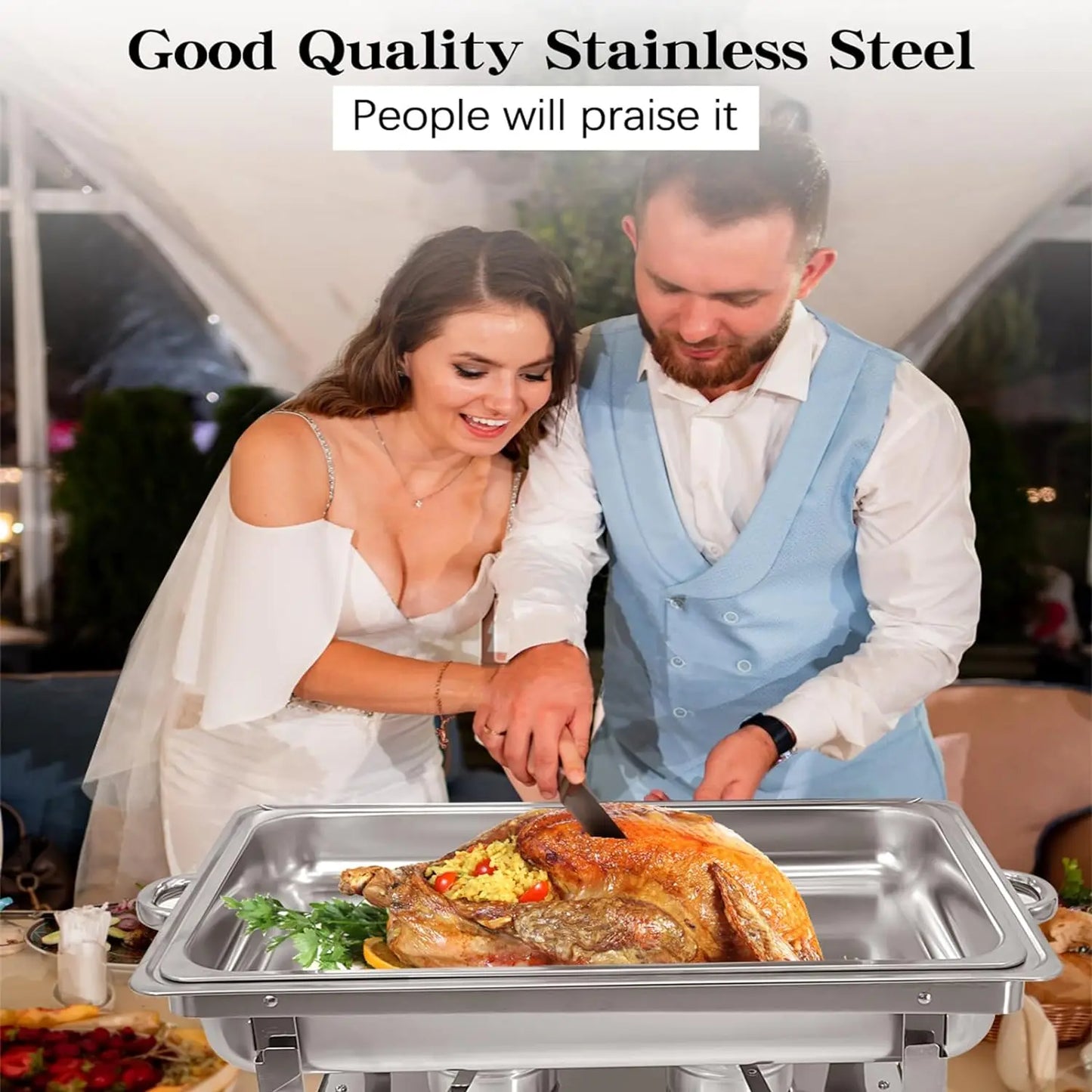 4PCS 8 Qt Stainless Steel Chafing Dishes Buffet Set, Silver Rectangular Catering Chafer Warmer Set Trays Pan Lid Folding Frame