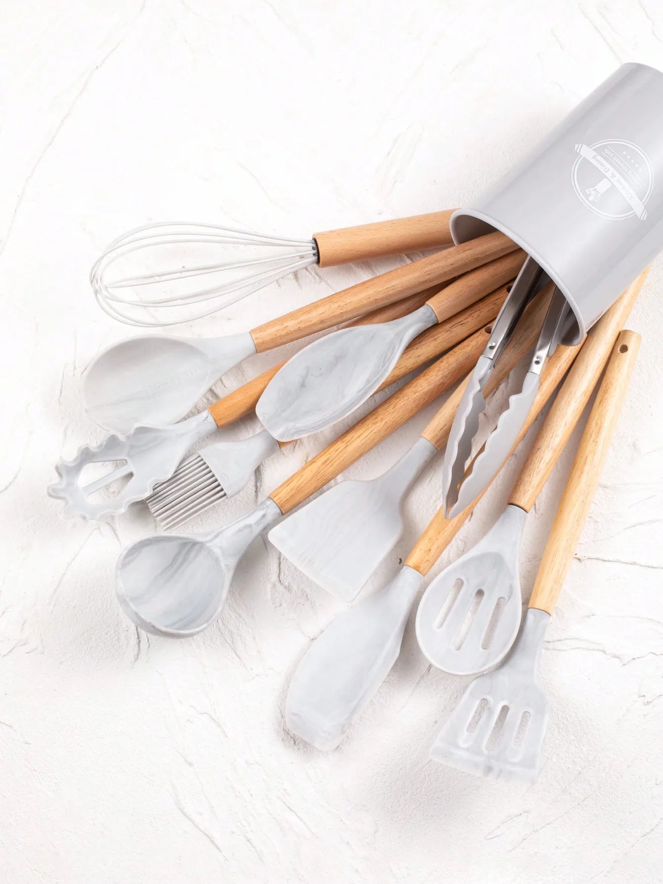 12pcs Silicone Kitchen Cookware Utensils Measuring Spoon Practical Cooking Tool Kitchenware Set Wooden Handle Storage