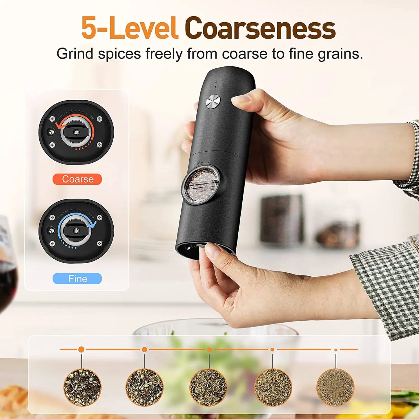 Automatic Salt and Pepper Grinder USB Rechargeable Adjustable Coarseness Spice Mill with LED Light Kitchen Tool