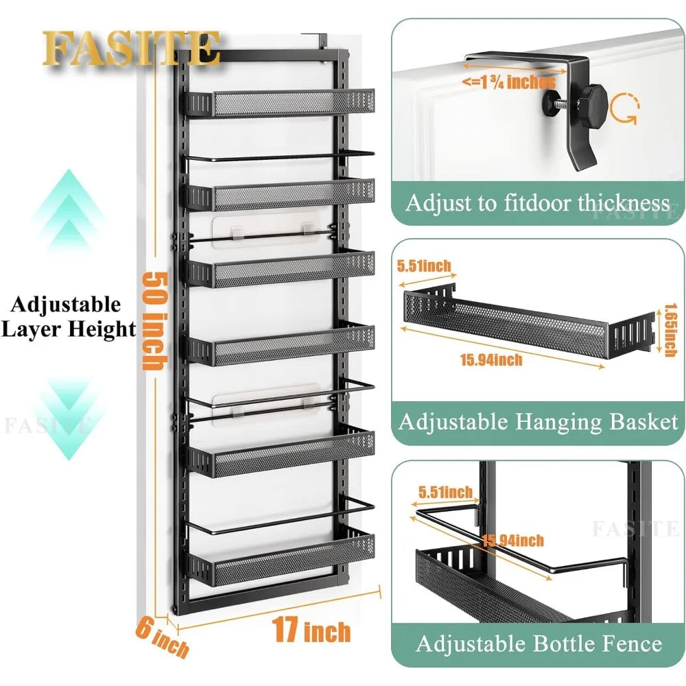 Over the Door Pantry Organizer, 6 Tier Metal Hanging Spice Rack with Detachable Guardrail, Space Saving Hanging Baskets for