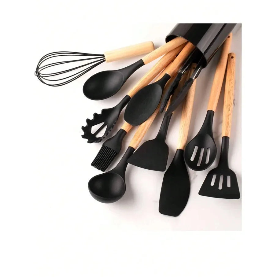 12pcs Silicone Kitchen Cookware Utensils Measuring Spoon Practical Cooking Tool Kitchenware Set Wooden Handle Storage