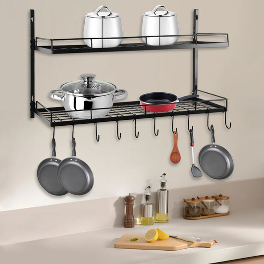 Hanging Pot Rack Wall Mounted 2 Tiers Pot and Pan Hanging Rack with 10 Hooks Kitchen Pan and Pot Hanger for Pot Storage Rack