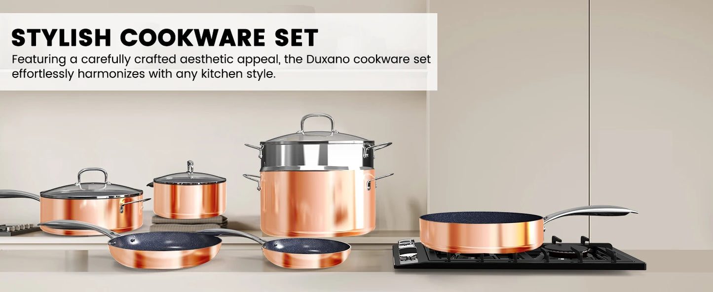 14PC Nonstick Cookware Sets DUXANO Freshness-Maintained Pots and Pans with 9H Hardness 2-Layer Ceramic Coating Rustic Copper