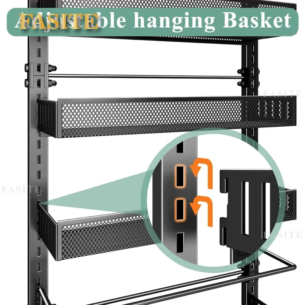 Over the Door Pantry Organizer, 6 Tier Metal Hanging Spice Rack with Detachable Guardrail, Space Saving Hanging Baskets for