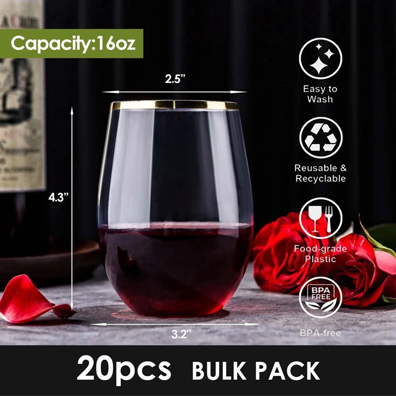 20 PCS Disposable Stemless Wine Glasses Plastic Wine Cups Whiskey Cocktail Glasses Clear Drinking Glasses For Party