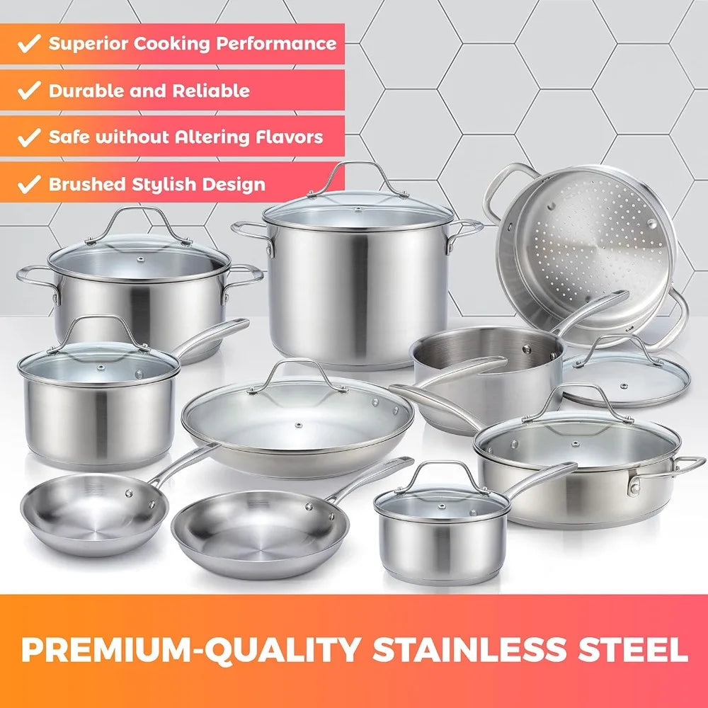 Pots and Pans Set 17-Piece, Stainless Steel Cookware Set, Ergonomic Handle, Each pan is suitable for oven and stovetop cooking