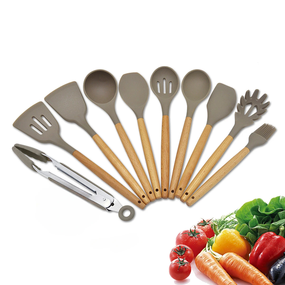 Silicone Cooking Utensils Wooden Handle Non-Stick Spatula Spoon Turner Soup Ladle Whisk Kitchen Cooking Tools Gadget