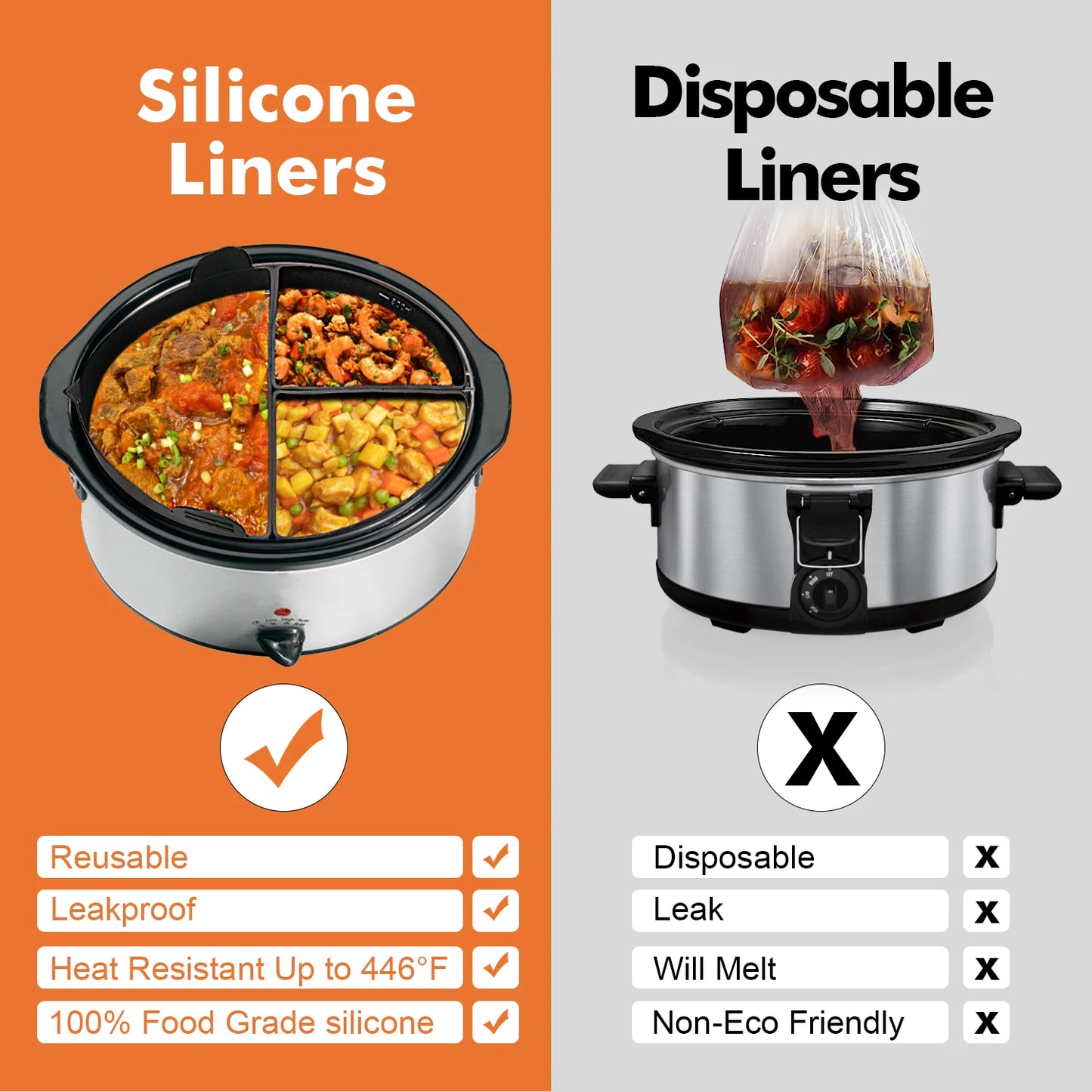 Slow Cooker Liners for 6 – 8 QT Crockpot & Hamilton Pot, Allows Cooking 3 Foods At Once,Reusable Silicone Slow Cooker Divider