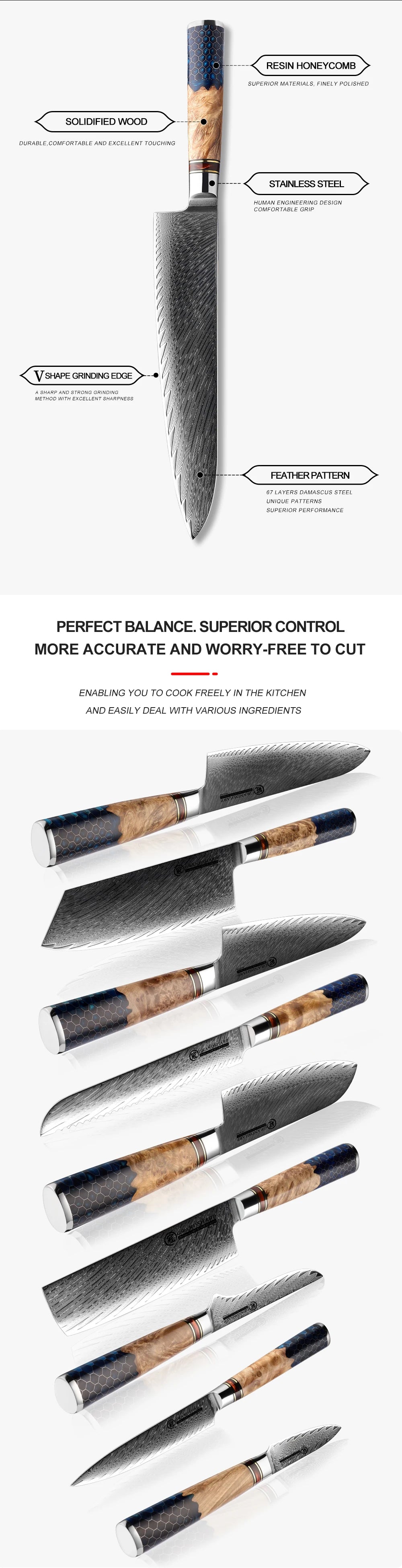 Damascus Knife Set AUS10 Japanese Steel Chef Kitchen Knives Santoku Paring Boning Bread Knife Butcher Tools Honeycomb Handle NEW