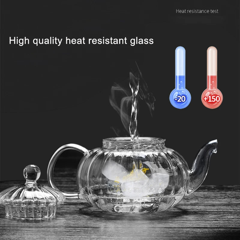 Heat Resistant Glass Pot 600ml Striped pumpkin shape flower teapot Glass Teapot with Infuser Tea Leaf Herbal Flower TeaCup