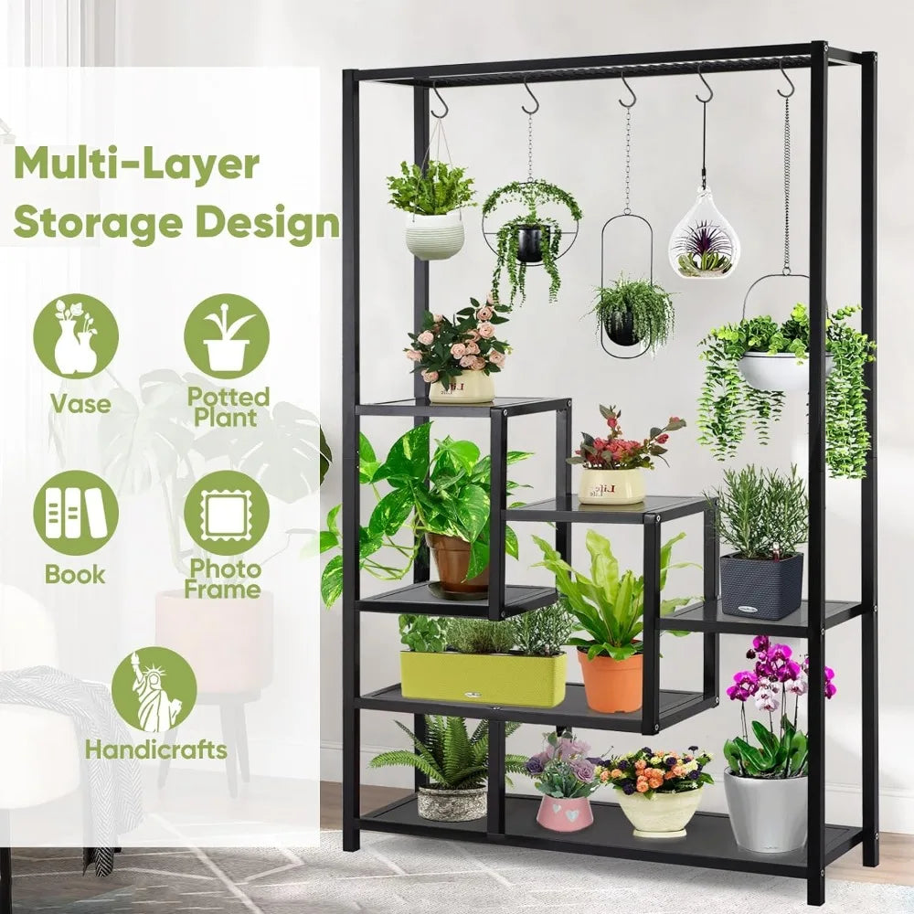 5 Tier Metal Plant Stand, 70.9inch Tall Indoor Plant Shelf with 6 Pcs Hanging Hooks, Flower Bonsai Pots Display Rack for Living