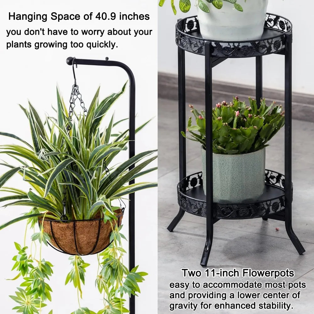 2-tier Hanging Plant Stand 2 Pack, Space-Saving Iron Planter Shelves Flower Pot Organizer Rack Multiple Flower