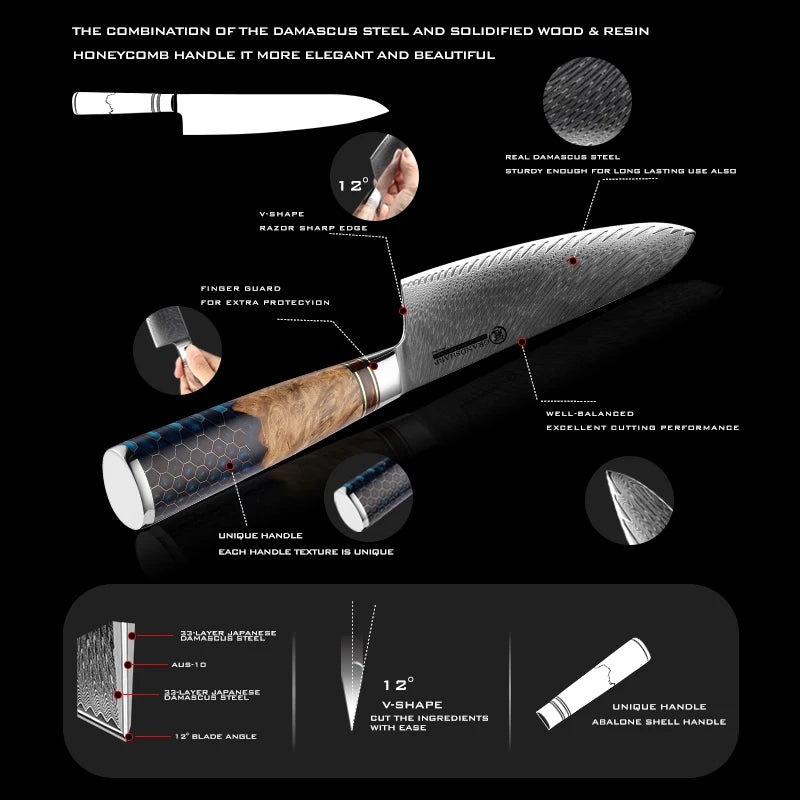 Damascus Knife Set AUS10 Japanese Steel Chef Kitchen Knives Santoku Paring Boning Bread Knife Butcher Tools Honeycomb Handle NEW