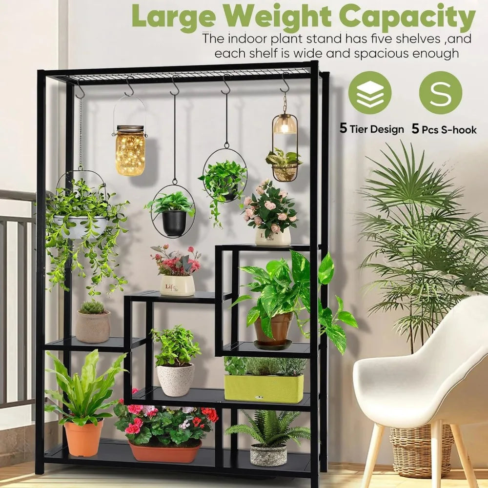 5 Tier Metal Plant Stand, 70.9inch Tall Indoor Plant Shelf with 6 Pcs Hanging Hooks, Flower Bonsai Pots Display Rack for Living