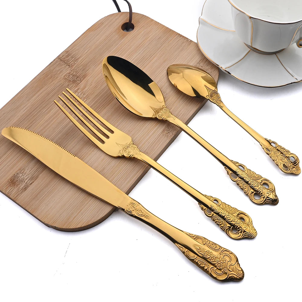 AJOYOUS Cutlery Sets 304 Stainless Steel 24Pcs Flatware Dining Mirror Cutlery Knife Forks Spoons Kitchen Western Tableware