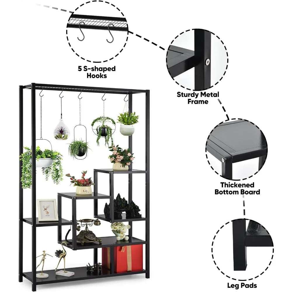 5 Tier Metal Plant Stand, 70.9inch Tall Indoor Plant Shelf with 6 Pcs Hanging Hooks, Flower Bonsai Pots Display Rack for Living