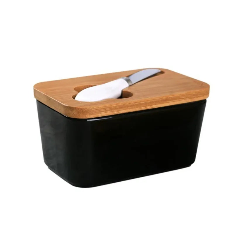 Simple Ceramic Butter Dish with Bamboo Cover Butter Knife Rectangular Sealed Jar Western Cheese Butter Box Storage Jar Tableware