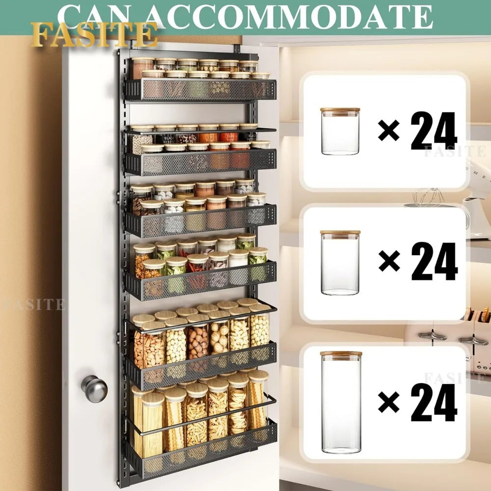 Over the Door Pantry Organizer, 6 Tier Metal Hanging Spice Rack with Detachable Guardrail, Space Saving Hanging Baskets for