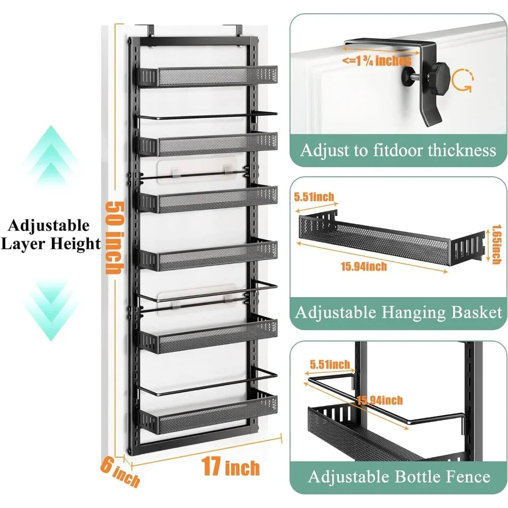 Over the Door Pantry Organizer, 6 Tier Metal Hanging Spice Rack with Detachable Guardrail, Space Saving Hanging Baskets for