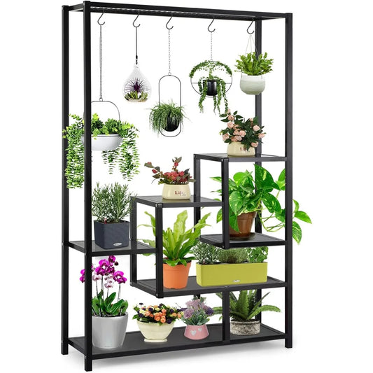 5 Tier Metal Plant Stand, 70.9inch Tall Indoor Plant Shelf with 6 Pcs Hanging Hooks, Flower Bonsai Pots Display Rack for Living