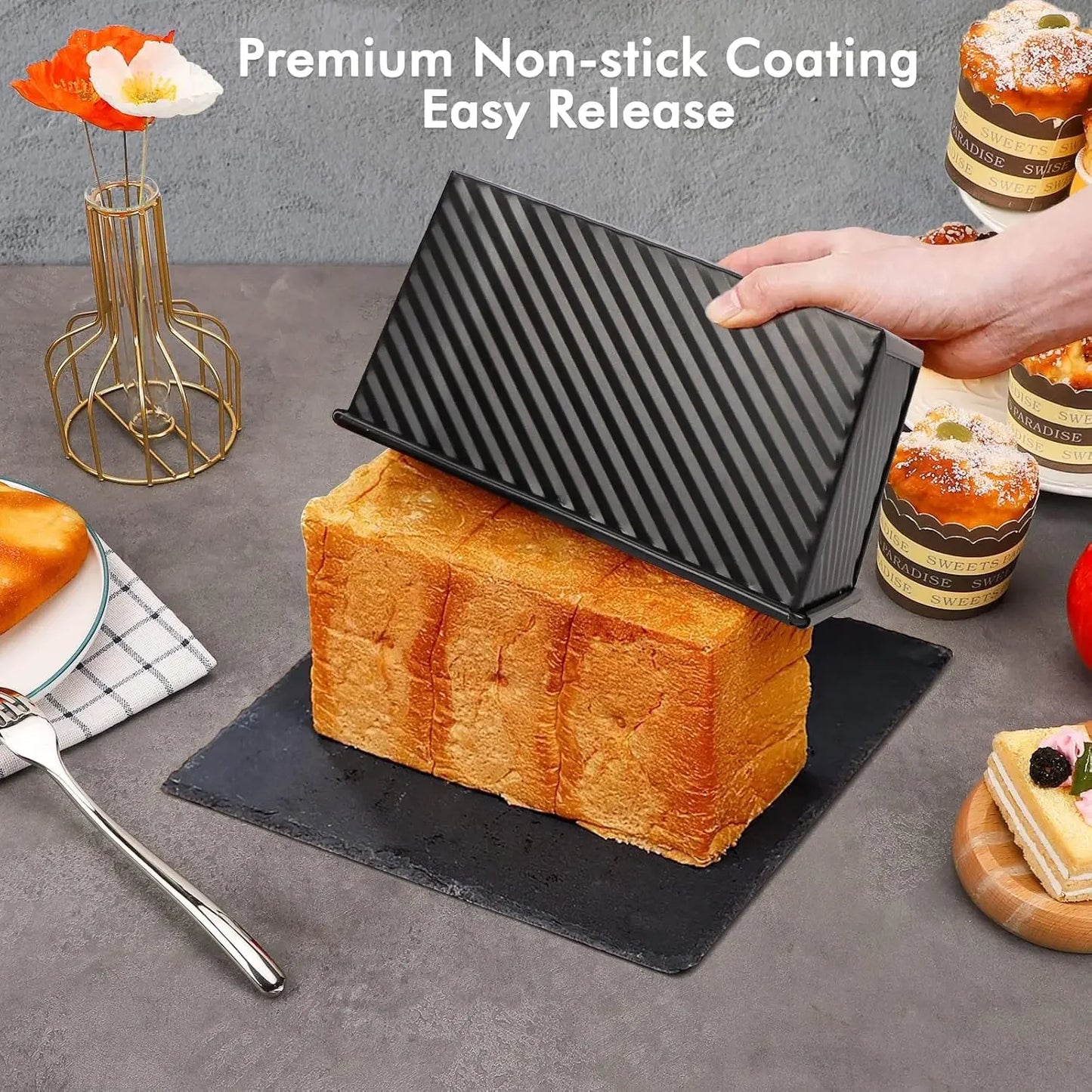 Bread Loaf Pan for Baking with Lid Non-Stick Carbon Steel Corrugated Bread Toast Box Mold for Baking Bread Cakes and Meatloaf