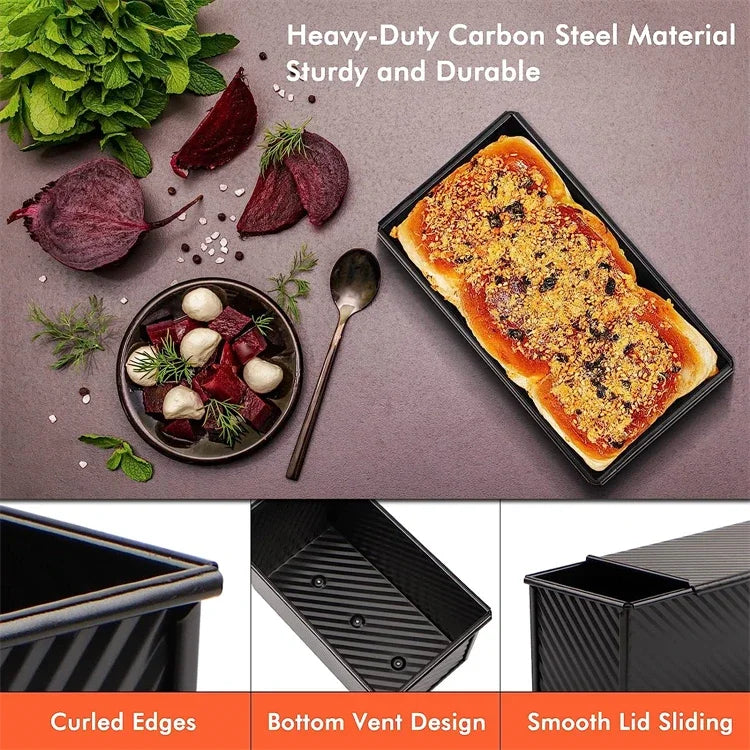 Bread Loaf Pan for Baking with Lid Non-Stick Carbon Steel Corrugated Bread Toast Box Mold for Baking Bread Cakes and Meatloaf