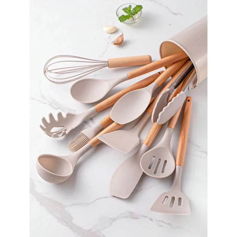 12pcs Silicone Kitchen Cookware Utensils Measuring Spoon Practical Cooking Tool Kitchenware Set Wooden Handle Storage