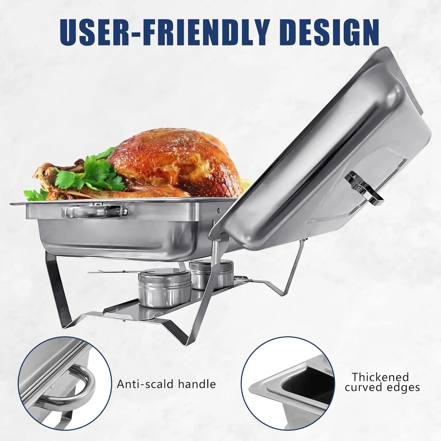 4PCS 8 Qt Stainless Steel Chafing Dishes Buffet Set, Silver Rectangular Catering Chafer Warmer Set Trays Pan Lid Folding Frame