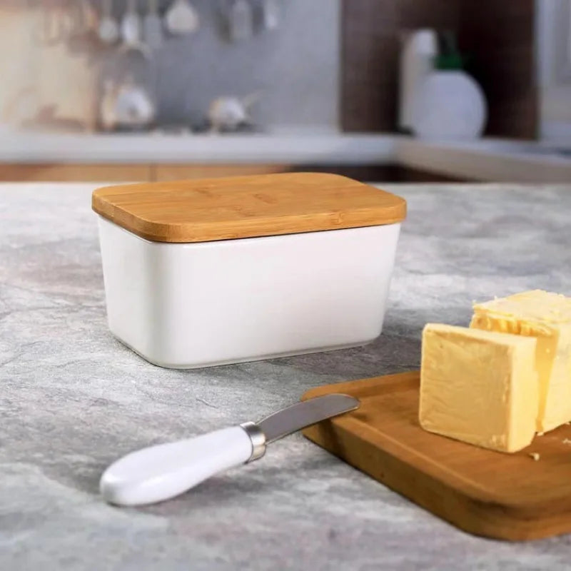 Simple Ceramic Butter Dish with Bamboo Cover Butter Knife Rectangular Sealed Jar Western Cheese Butter Box Storage Jar Tableware