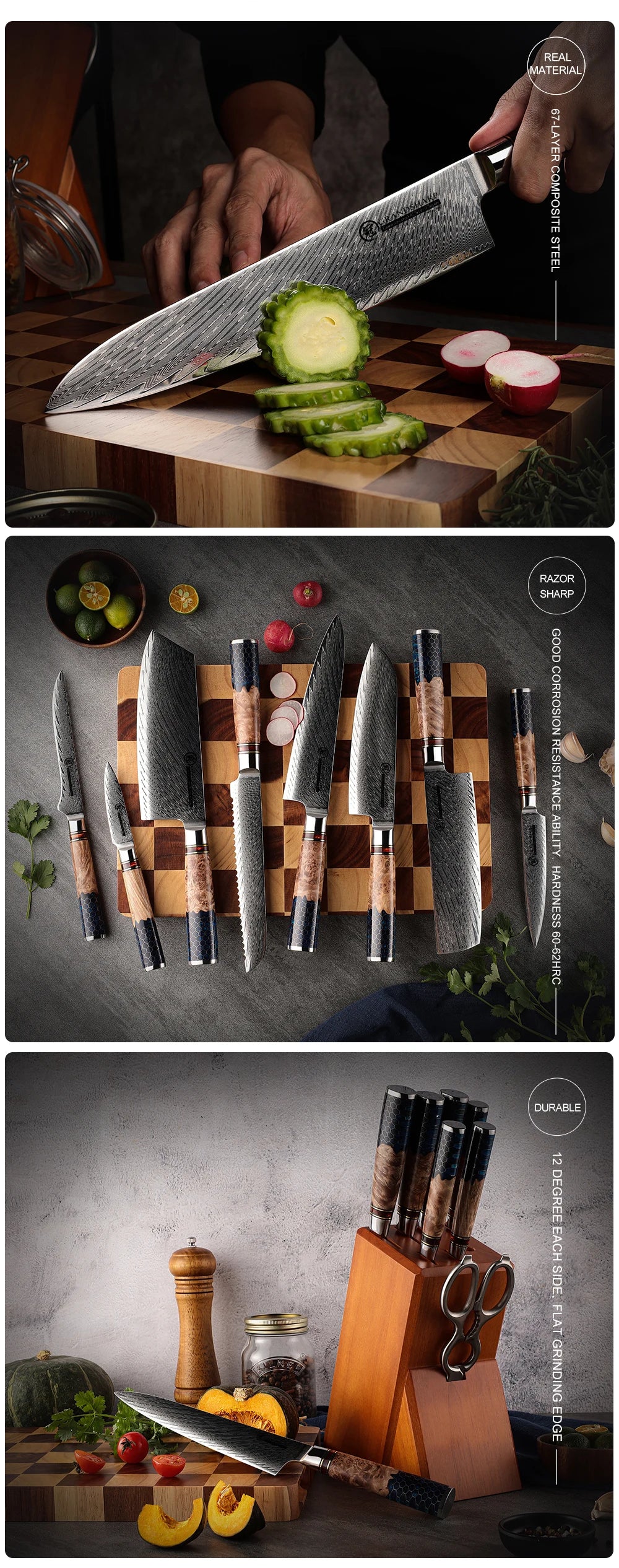 Damascus Knife Set AUS10 Japanese Steel Chef Kitchen Knives Santoku Paring Boning Bread Knife Butcher Tools Honeycomb Handle NEW