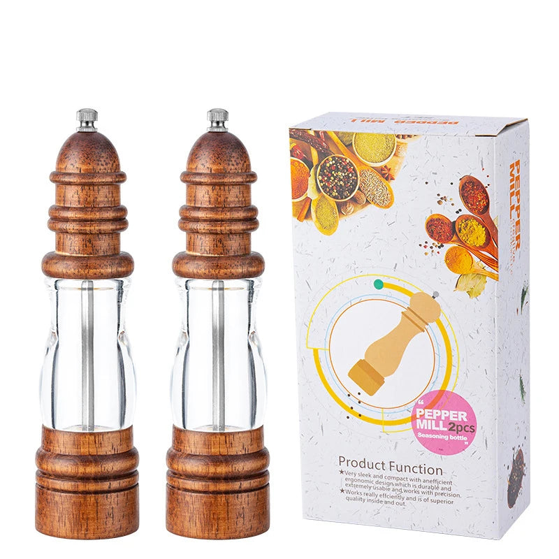 8" Oak Wood transparent acrylic salt and pepper Grinder Mill Ceramic Core salt grinder pepper mill shakers refillable