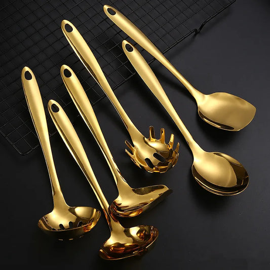 Gold Stainless Steel Kitchen Cooking Utensils Sets Frying Spatula Soup Spoon Long Handle Gadget Kitchen Accessories