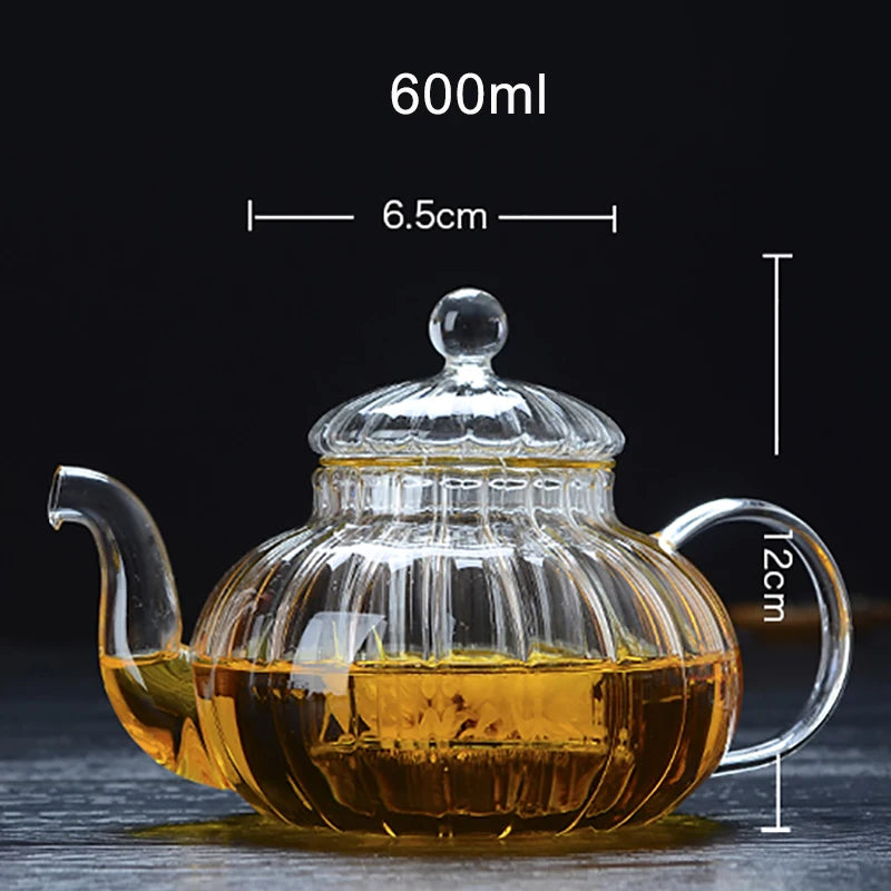 Heat Resistant Glass Pot 600ml Striped pumpkin shape flower teapot Glass Teapot with Infuser Tea Leaf Herbal Flower TeaCup