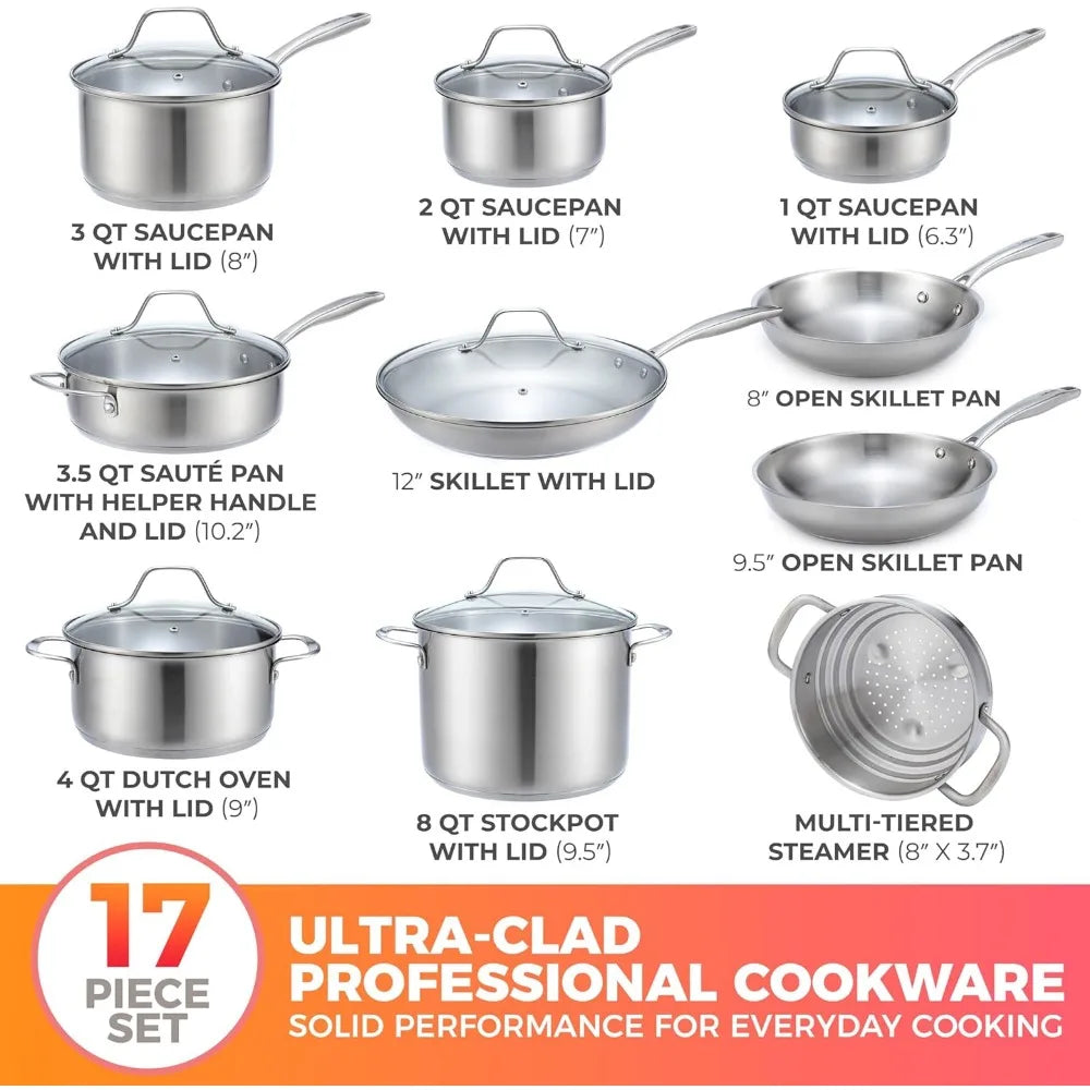 Pots and Pans Set 17-Piece, Stainless Steel Cookware Set, Ergonomic Handle, Each pan is suitable for oven and stovetop cooking