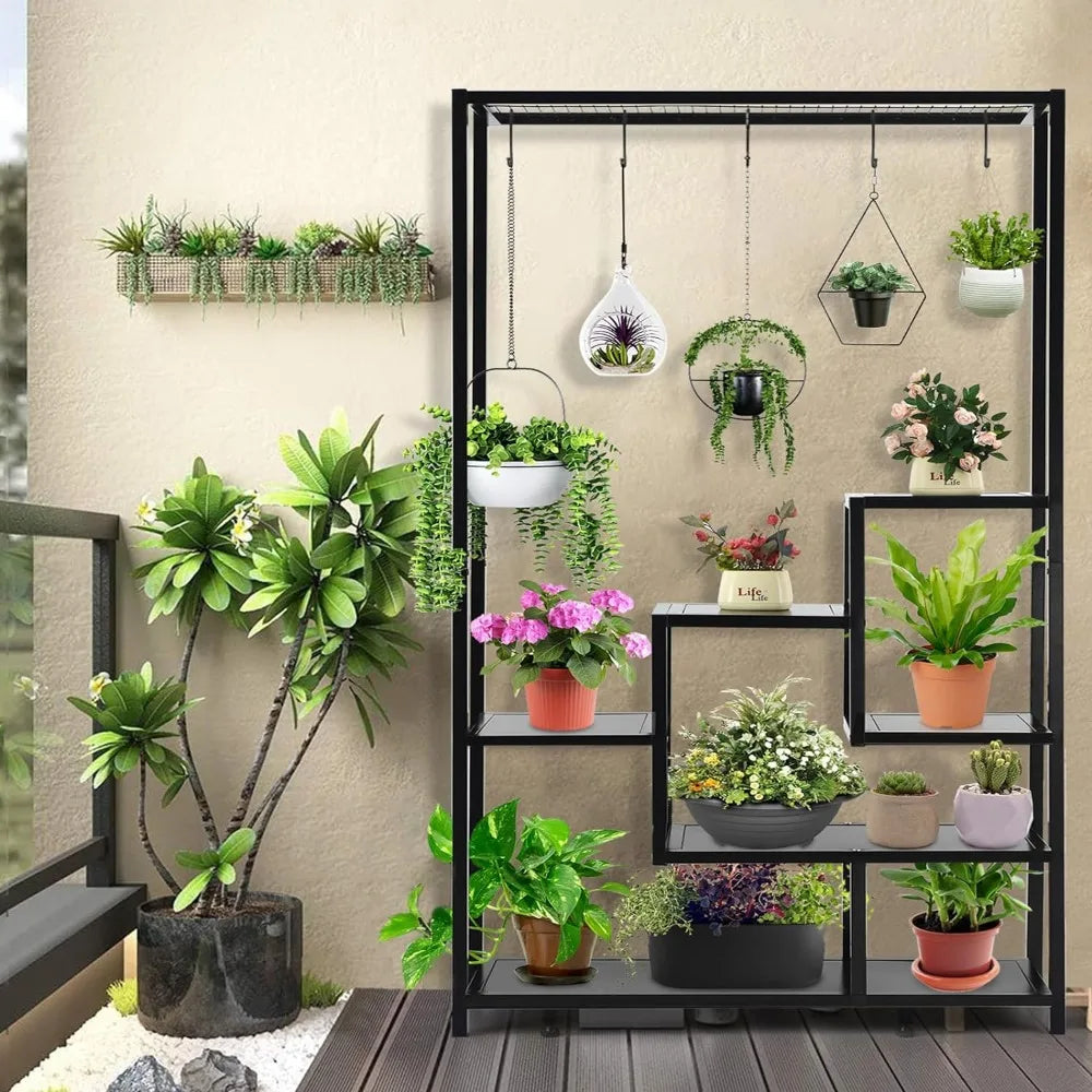 5 Tier Metal Plant Stand, 70.9inch Tall Indoor Plant Shelf with 6 Pcs Hanging Hooks, Flower Bonsai Pots Display Rack for Living