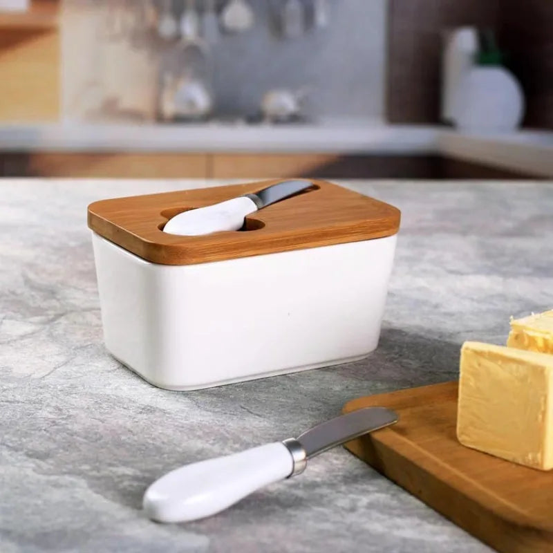 Simple Ceramic Butter Dish with Bamboo Cover Butter Knife Rectangular Sealed Jar Western Cheese Butter Box Storage Jar Tableware