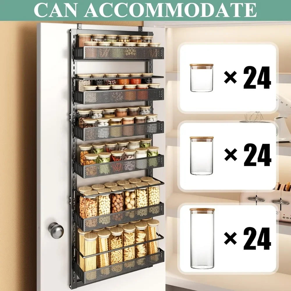 Over the Door Pantry Organizer, 6 Tier Metal Hanging Spice Rack with Detachable Guardrail, Space Saving Hanging Baskets for