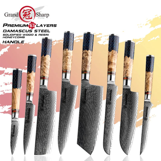 Damascus Knife Set AUS10 Japanese Steel Chef Kitchen Knives Santoku Paring Boning Bread Knife Butcher Tools Honeycomb Handle NEW