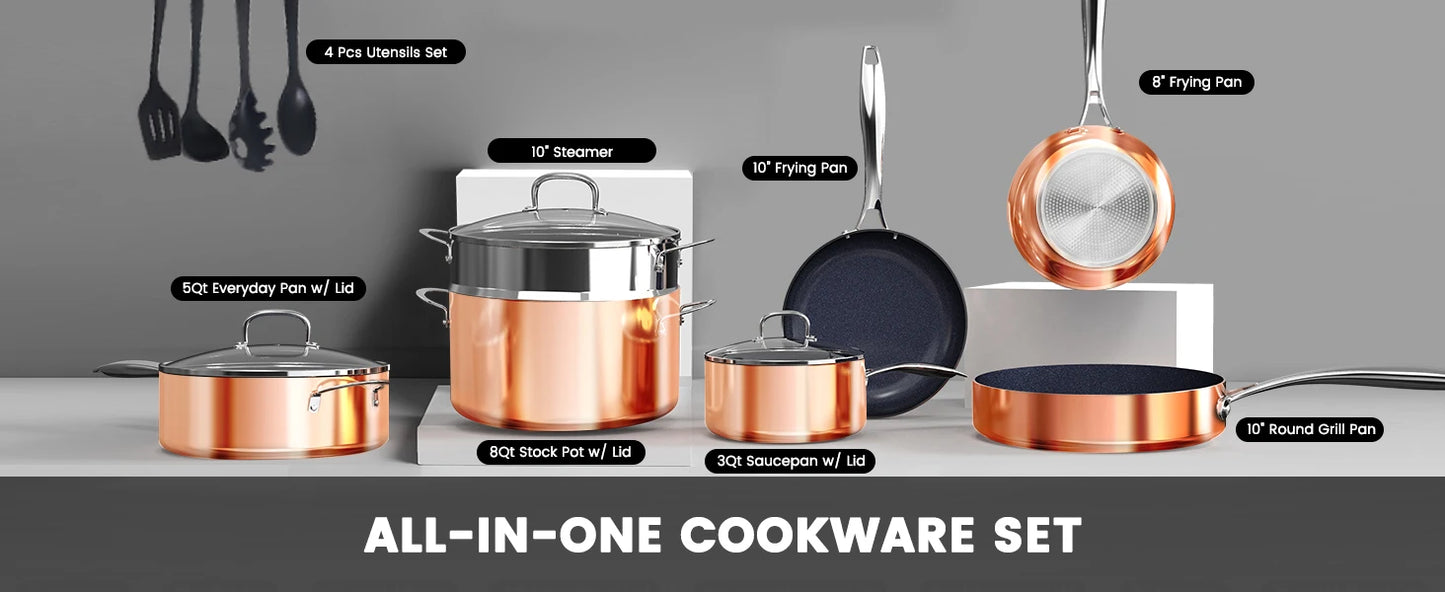 14PC Nonstick Cookware Sets DUXANO Freshness-Maintained Pots and Pans with 9H Hardness 2-Layer Ceramic Coating Rustic Copper