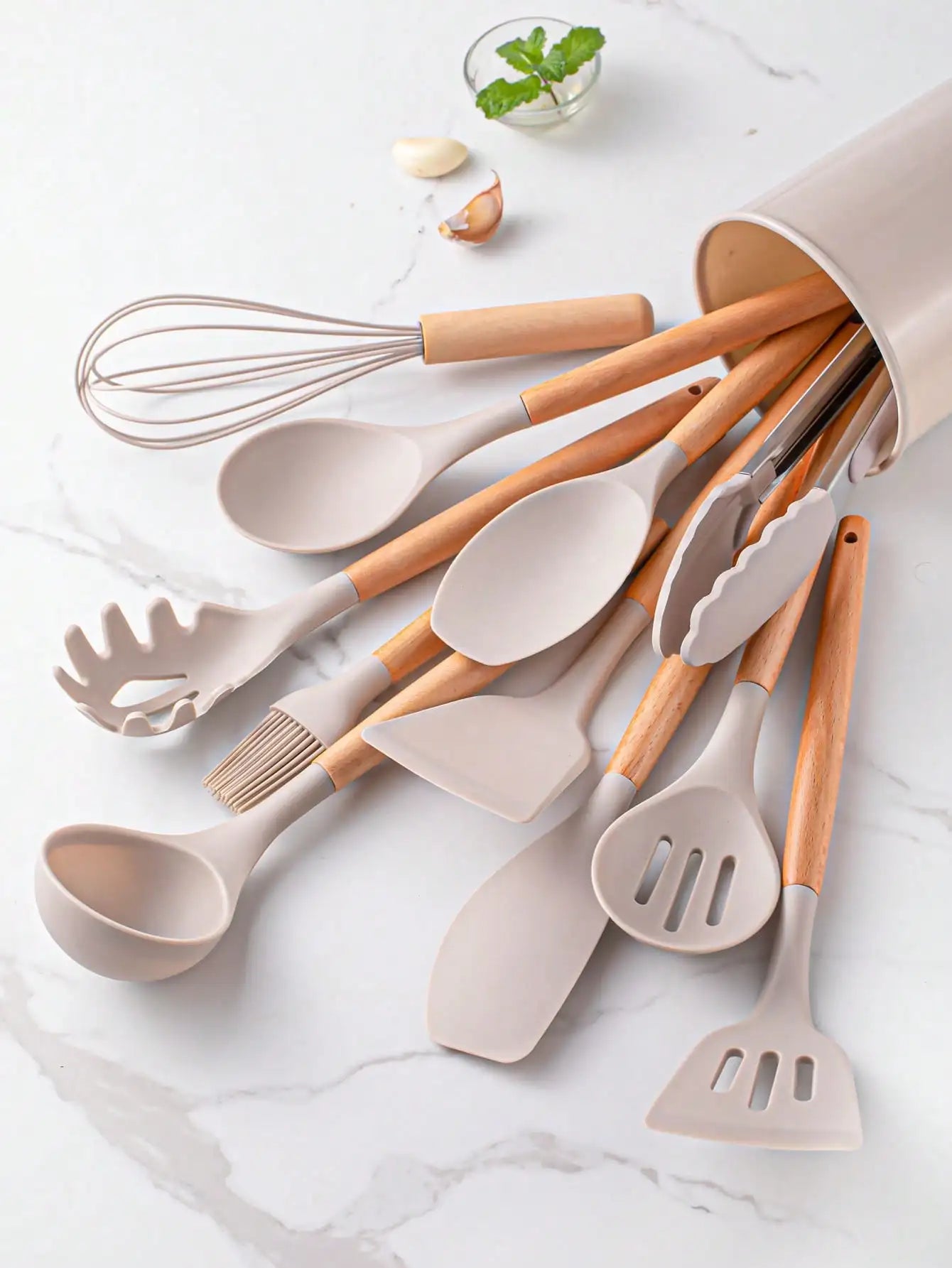 12pcs Silicone Kitchen Cookware Utensils Measuring Spoon Practical Cooking Tool Kitchenware Set Wooden Handle Storage