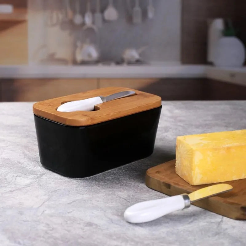 Simple Ceramic Butter Dish with Bamboo Cover Butter Knife Rectangular Sealed Jar Western Cheese Butter Box Storage Jar Tableware