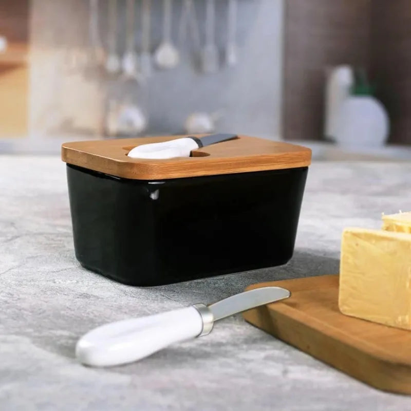 Simple Ceramic Butter Dish with Bamboo Cover Butter Knife Rectangular Sealed Jar Western Cheese Butter Box Storage Jar Tableware